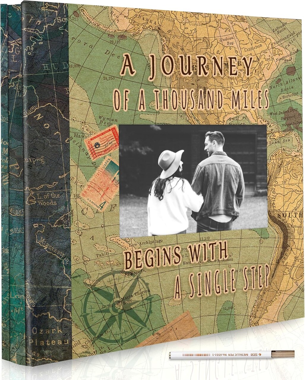 Adventure Scrapbook Album with Metallic Pen Magnetic Self-Stick Page Scrapbook for 3x5 4x6 5x7 6x8 8x10 Hand Made DIY 40 Pages Albums, Printed Kraft Paper Cover Memory Book (Map with Window)